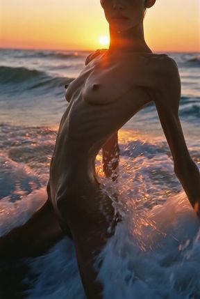 Slim blonde nympho gets wet on the beach in an AI-generated solo scene