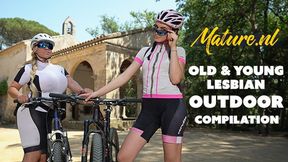 Mature blonde MILF and petite girl's intimate outdoor moments