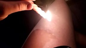 Wax play (Pink) - Masochist transman drips Hot wax on thick thigh while wearing knee thighs