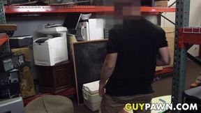 Athletic guy sucks on two rock hard cocks in kinky pawnshop