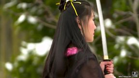 Exotic Asian babe Katana handles enormous European cock