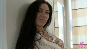 Brunette teen Maddison spreads legs for dildo fucking