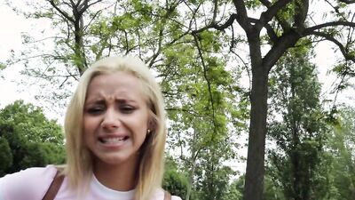Petite blonde chick kneels on that man and sucks his hard pecker