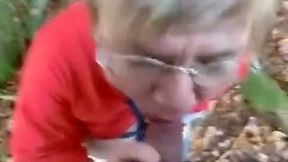 Saggy tittied mother-in-law gives me blowjob in the forest
