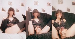 Trans Mommy Gushes Girlcock Cum While Sissy Watches Couch Destroyed