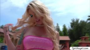 Tattooed blonde hot Tgirl Star Aubrey Kate gets rimjob and bareback