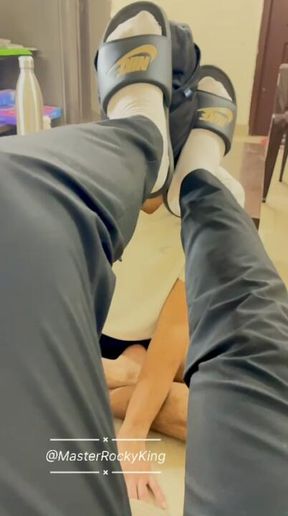 Sub licks my Nike Slides clean while I use his head as footrest #findom #Alphamaster #maledom