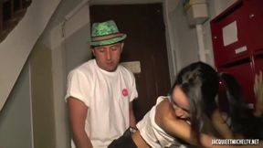 Skinny French brunette has hooked up with a handsome stranger and ended up riding his hard cock