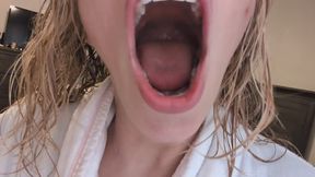 Robe blue bra yawning