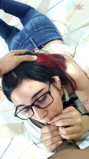 Slut enjoys sucking a big cock and filling her entire mouth with milk