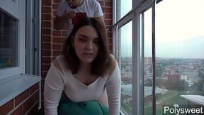 Surreal balcony banging leaves nosy neighbors aghast.