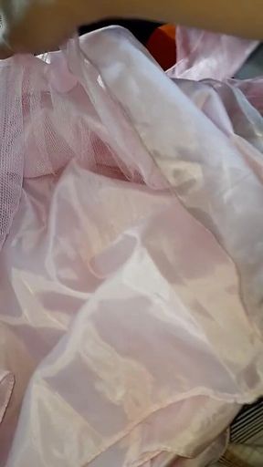 Quietly Feeling the Softness and Smoothness of the Stepdaughter's Slippery and Shiny Satin Dress