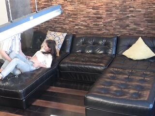 Hot Brunette hair Wife Cheating Screwing on Leather Sofa