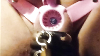 Reverse chastity belt with ring lock and blue penis plug in piss hole