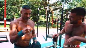 Gymnast Tan Blitz gets lessons from professional acrobat Manuel Skye during their ass
