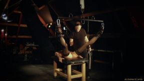 Teen bondage slut swallows cock during intense face fuck