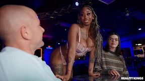 Busty Ebony Slut Services the Guy's Cock In the Best Way In the Night Club