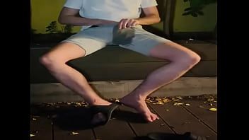 Amateur boy pee on himself in the garden (wets his grey shorts, grey undies and white tshirt)