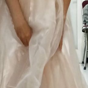 Crossdresser squirting while wearing satin organza cute dress