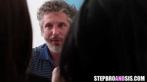 Slutty stepsisters threesome fucked on job interview