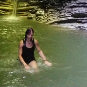 Alexa Cosmic transgirl swimming at waterfall in shirt and t-shirt... 1st waterfall