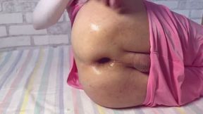 A Big Apple in Femboy's Anal. Close Up Wide Hole - Stretching, Gaping, Farting