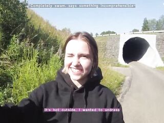 Russian teen brunette hair with petite bazookas loves to have sex in the nature, during the day