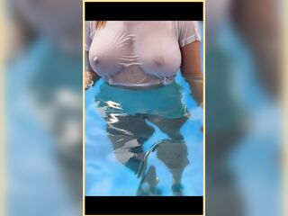 Wifey wet shirt in the pool with perfect braless tits