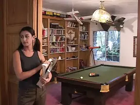 Brunette cutie in pigtails sucks dick, gets fucked on the pool table