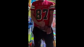 Football Player JockDad87 Shoots a Load of Cum in His #87 Jersey