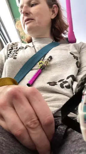 Busty MILF plays with herself and makes pussy fart on crowded bus