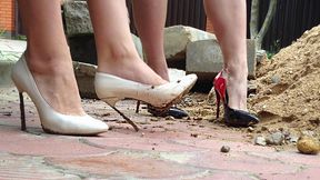 Casadei and louboutin wrecked, high heels wet, high heels in mud, high heels bending
