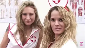 Two Busty Blonde Nurses in Uniform Give a Guy the Best Blowjob of His Life