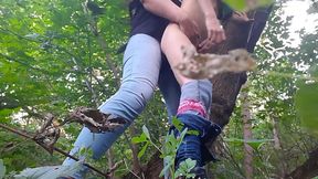 Lesbian babe fucks girlfriend with strap-on in the woods
