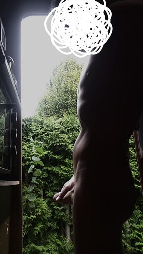 Part 1 of 2. Skinny guy pisses naked his morning piss out of the camper. Moans loudly. Giant piss. Huge beam piss.