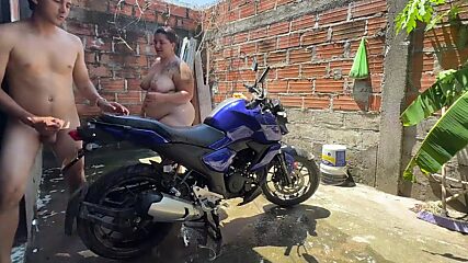 Busted washing my hog in the driveway, my neighbor swings by and fucks my face, leaving my mouth a cum-filled mess