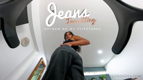 Face-Sitting Fury- Mistress Enola- Black Jeans Facesitting, Countdown to Cum &amp; spitting