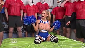 Blonde cheerleader getting all her holes used by the whole football team at once