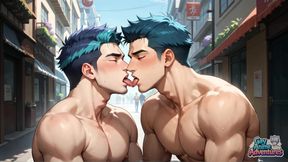 Watch Horny, Dissolute, Blue-haired Muscle Dudes Worshiping on Kyoto Streets in the Greatest Gay XXX Porn!