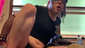 Tranny Sissy Slut Gushes Riding Massive Red Dildo Destroyed