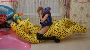 Alla has a hot ride on an elastic inflatable cheetah!!!