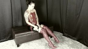 Jane Domino Patent Red Corset, Vinyl Skirt & Red OTK Boots (Vintage Edit)