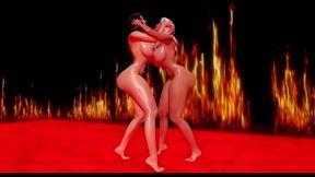Blonde and Brunette Engage in Hot Fire-Themed Catfight While Nude