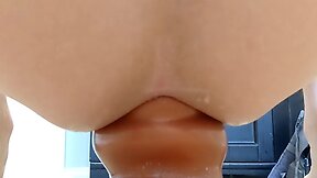 Amateur anal plug stretching training: big cock cumming with a big dildo