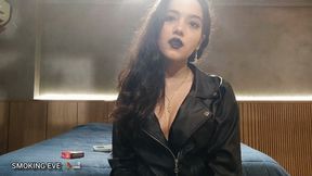 Black lungs, black lipstick! Eve power smoking a cork in leather jacket