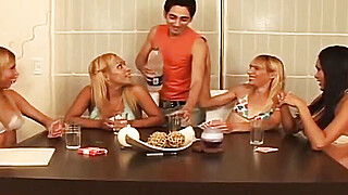 Dominant shemale babes bang their slave