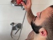 Straight daddy caught jerking off in the shower
