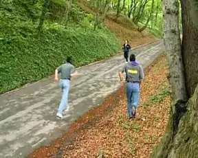 Redhead German woman getting fucked by three random dudes in the woods