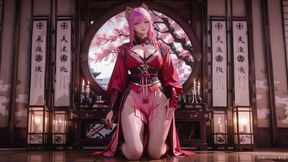 Crimson Samurai! Pink-haired Warrior Kneeling on Tatami, High-slit Kimono Slipping to Reveal Snowy Thighs.
