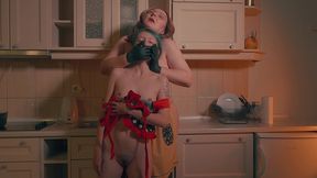 gloved hand over mouth - big stepmom inspects & humiliates stepdaughter